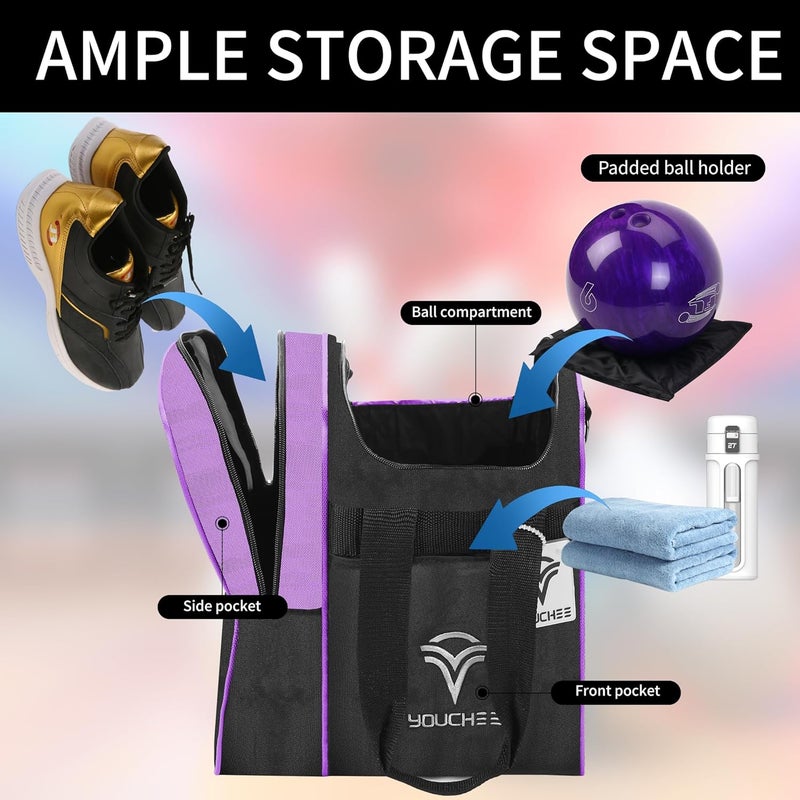Yoochee Single Ball Bowling Tote Bag with Padded Ball Holder, Fits Bowling Shoes Up to Men’s Size 14, Durable Full-Size Bowling Bag with Accessory Pockets for Practice & League Play - Image 3